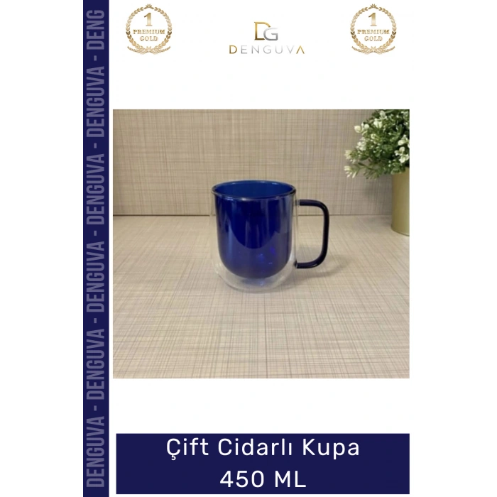 #CamKupa Isı Yalıtımlı Modern Tasarım 450 ml Kapasite Kaliteli Çift Cidarlı Cam Kupa Lacivert