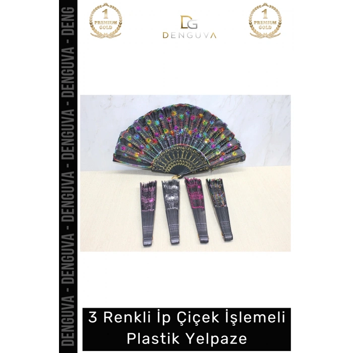 #Yelpaze Model 3 Renkli İp Çiçek İşlemeli Hafif Dayanıklı Estetik Şık Dekoratif Plastik Yelpaze