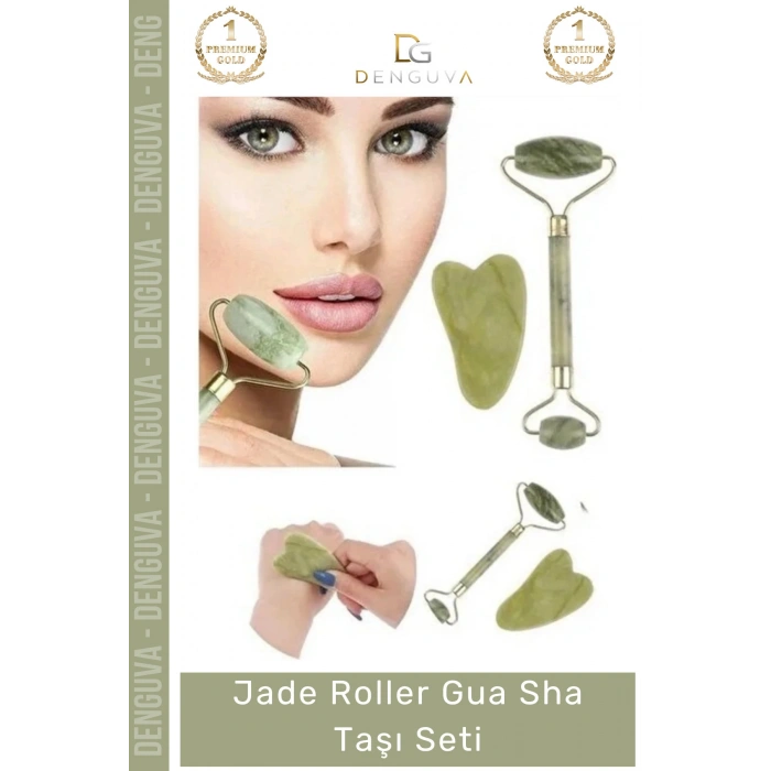 #YeşimTaşı Doğal Yeşim Taşı Yüz Sıkılaştırıcı Masaj Aleti Anti Aging Jade Roller Gua Sha Taşı Seti