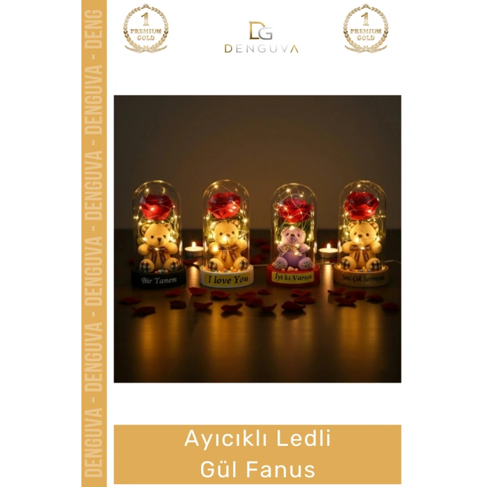 #Fanus Romantik Sevgililer Günü Yıldönümü Işıklı Dekoratif Şeffaf Ayıcıklı Ledli Gül Fanus
