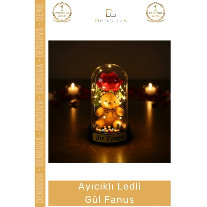 #Fanus Romantik Sevgililer Günü Yıldönümü Işıklı Dekoratif Şeffaf Ayıcıklı Ledli Gül Fanus