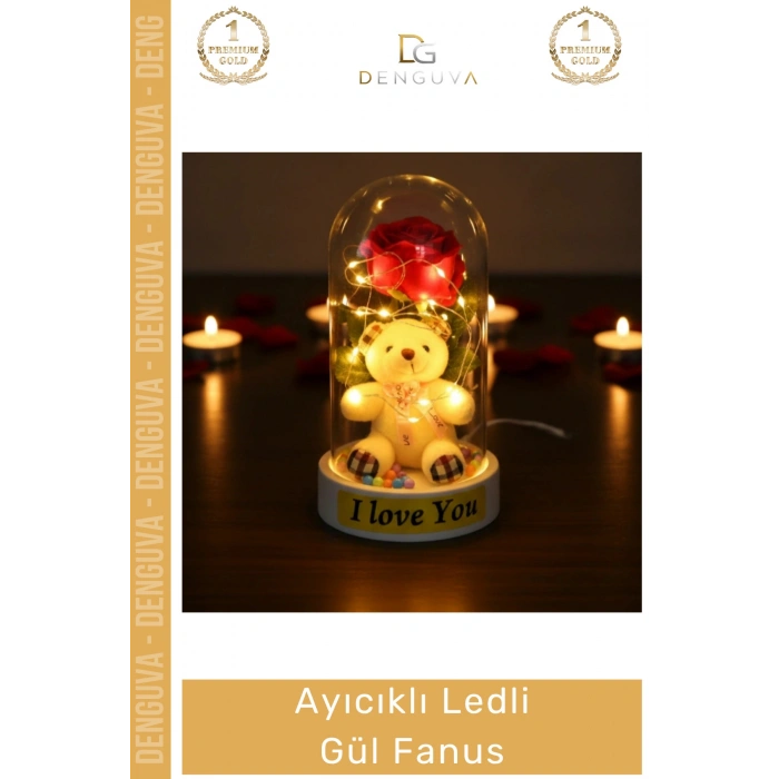 #Fanus Romantik Sevgililer Günü Yıldönümü Işıklı Dekoratif Şeffaf Ayıcıklı Ledli Gül Fanus