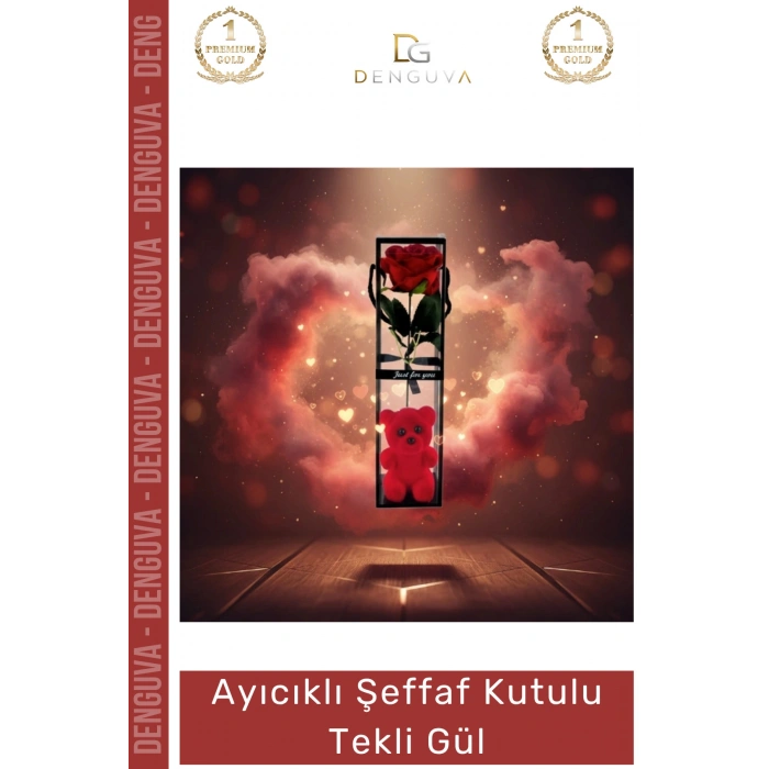 #TekliGül Ayıcıklı Hediyelik Yapay Dekoratif Sevgililer Günü Yıl Dönümü Kalıcı Şeffaf Kutulu Tekli Gül