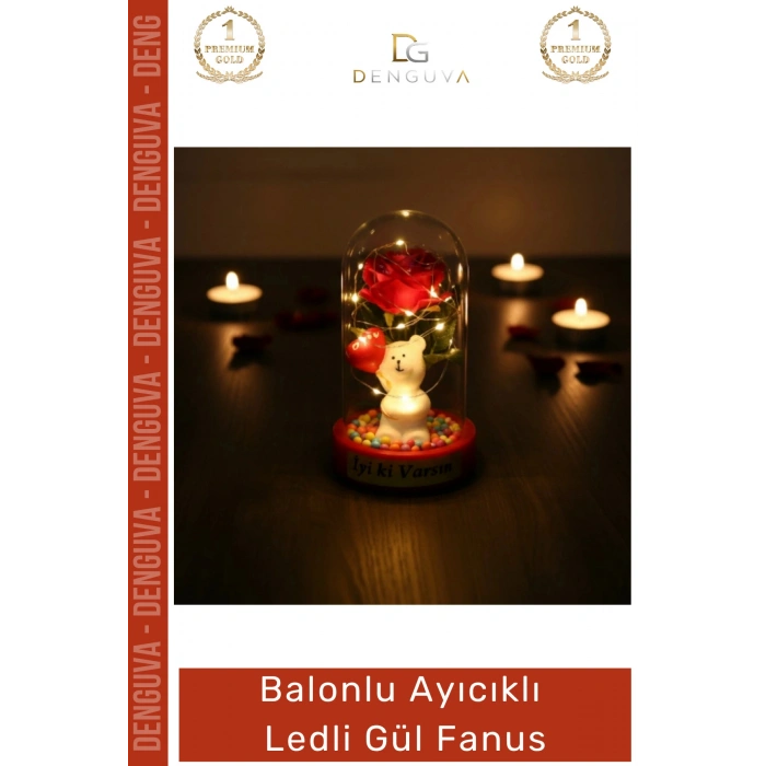 #Fanus Sevgiliye Hediye Romantik Işıklı Dekoratif Işığı Yapay Balonlu Ayıcık Ledli Gül Fanus