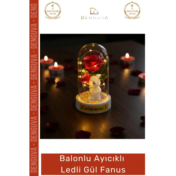 #Fanus Sevgiliye Hediye Romantik Işıklı Dekoratif Işığı Yapay Balonlu Ayıcık Ledli Gül Fanus