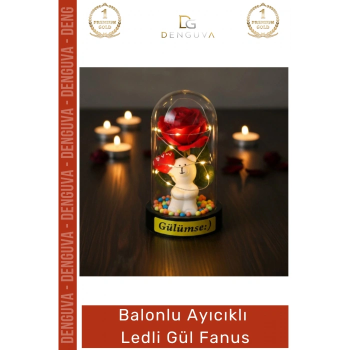 #Fanus Sevgiliye Hediye Romantik Işıklı Dekoratif Işığı Yapay Balonlu Ayıcık Ledli Gül Fanus