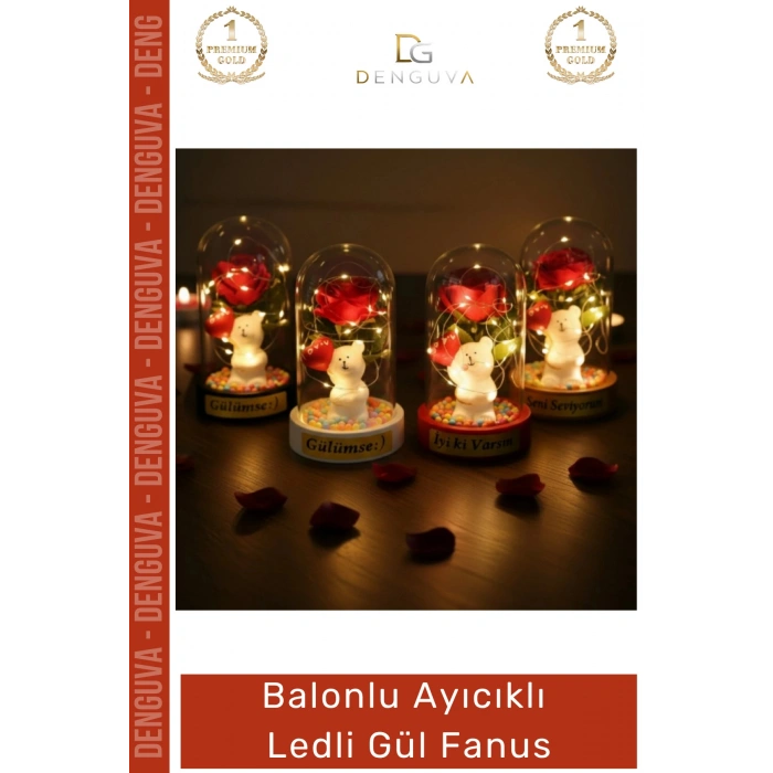 #Fanus Sevgiliye Hediye Romantik Işıklı Dekoratif Işığı Yapay Balonlu Ayıcık Ledli Gül Fanus