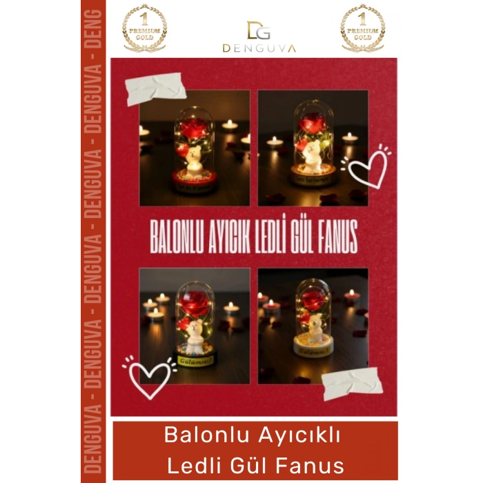 #Fanus Sevgiliye Hediye Romantik Işıklı Dekoratif Işığı Yapay Balonlu Ayıcık Ledli Gül Fanus