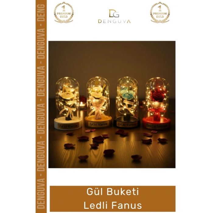 #Fanus Hediye Romantik Dekoratif Cam Işıklı Sevgililer Günü Gece Lambası Gül Buketi Ledli Fanus
