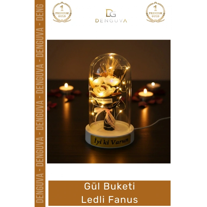 #Fanus Hediye Romantik Dekoratif Cam Işıklı Sevgililer Günü Gece Lambası Gül Buketi Ledli Fanus