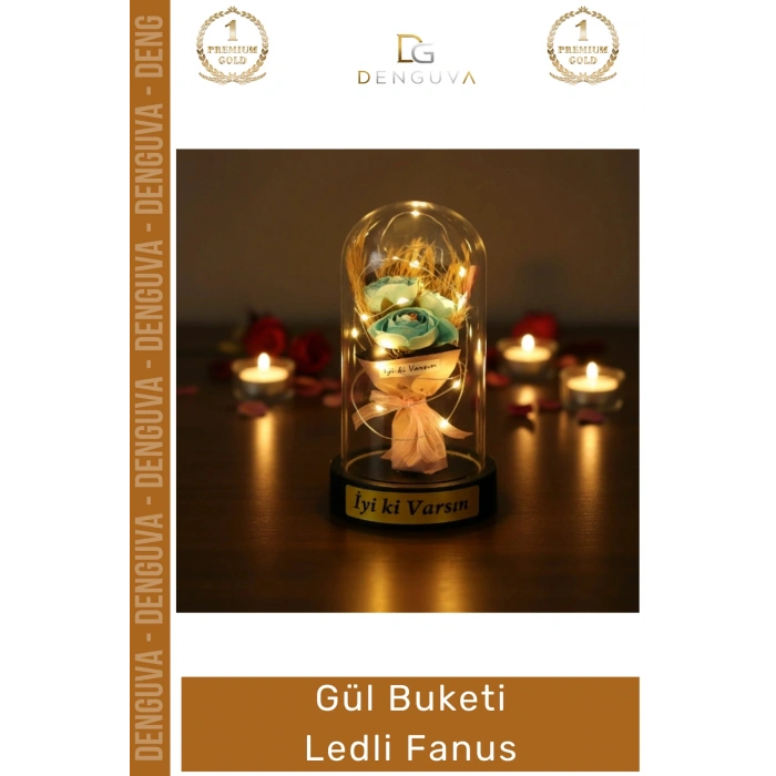 #Fanus Hediye Romantik Dekoratif Cam Işıklı Sevgililer Günü Gece Lambası Gül Buketi Ledli Fanus