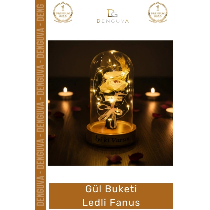 #Fanus Hediye Romantik Dekoratif Cam Işıklı Sevgililer Günü Gece Lambası Gül Buketi Ledli Fanus