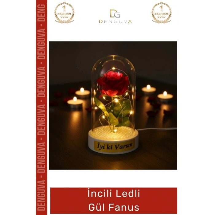 #Fanus Dekoratif Hediyelik Sevgililer Günü Estetik Aydınlatma Fanus İncili Ledli Gül Fanus