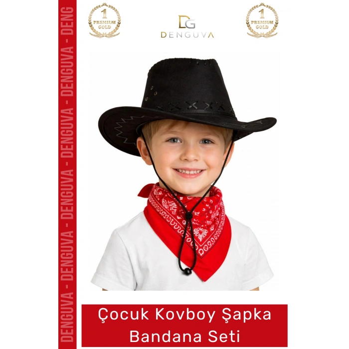 #Kostüm Çocuk Kovboy Şapkası Western Kostüm Aksesuarı Kırmızı Fular Siyah Kırmızı Bandana Seti
