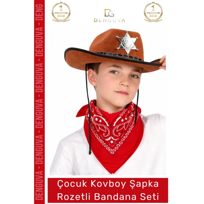 #Kostüm Çocuk Sheriff Batı Tarzı Kostüm Parti Kovboy Şapka Rozetli Kahverengi Kırmızı Bandana Seti
