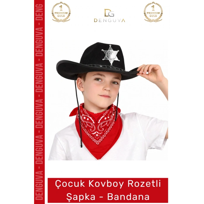 #Kostüm Çocuk Kovboy Şapka Sheriff Yıldız Rozet Kostüm Aksesuar Set Rozetli Siyah Kırmızı Bandana