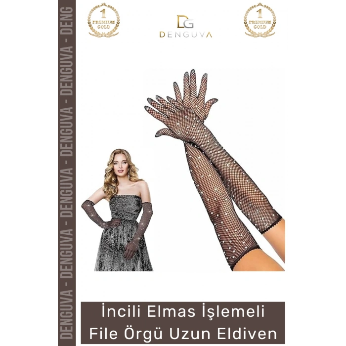 #Eldiven Siyah İncili Elmas İşlemeli 45 cm Likralı Abiye Kostüm Şık Aksesuar File Örgü Uzun Eldiven