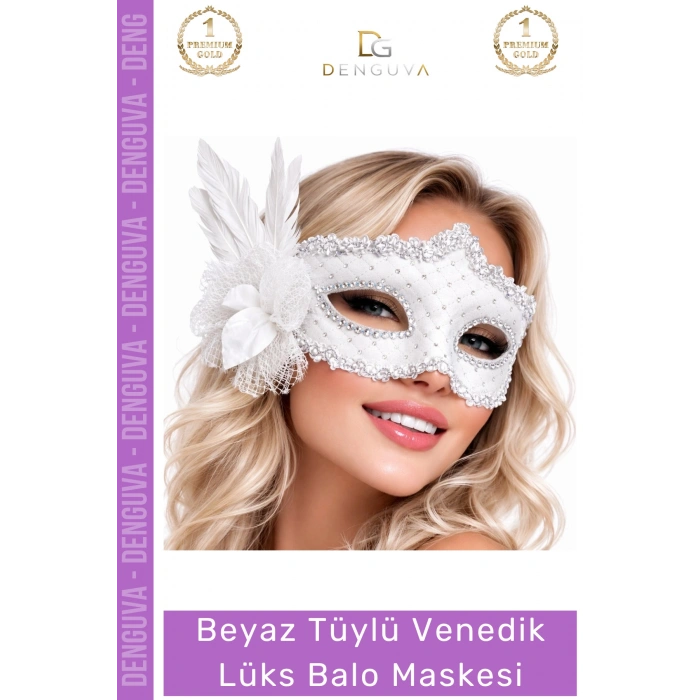 #Maske Beyaz Tüylü Venedik Lüks Tasarım Şık Kostüm Aksesuarı Parti Özel Davet Balo Maskesi