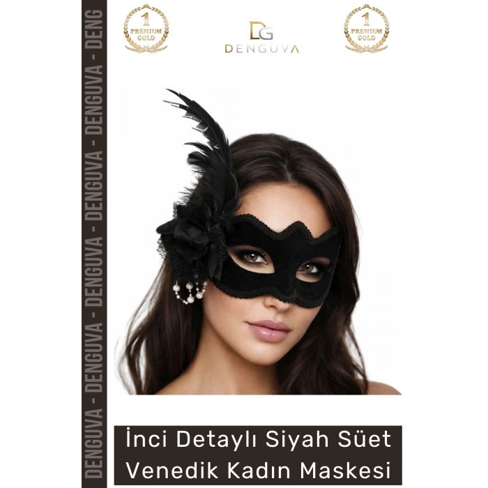#Maske İnci Detaylı Siyah Süet Venedik Maskesi Tüy Süslemeli Şık Lüks Parti Balo Maskesi