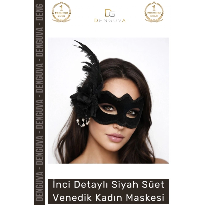 #Maske İnci Detaylı Siyah Süet Venedik Maskesi Tüy Süslemeli Şık Lüks Parti Balo Maskesi