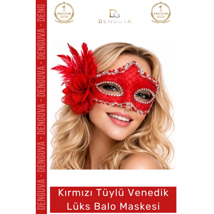 #Maske Kırmızı Tüylü Venedik Tasarım Lüks Parti Kostüm Aksesuarı Gösterişli Şıklık Balo Maskesi
