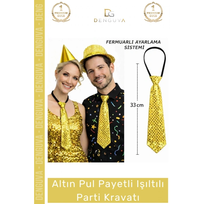 #PartiKravatı Altın Renk Pul Payetli Sahne Kostüm Aksesuarı Şık Ayarlanabilir Işıltılı Parti Kravatı 33 Cm