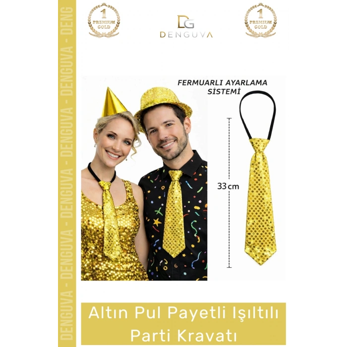 #PartiKravatı Altın Renk Pul Payetli Sahne Kostüm Aksesuarı Şık Ayarlanabilir Işıltılı Parti Kravatı 33 Cm