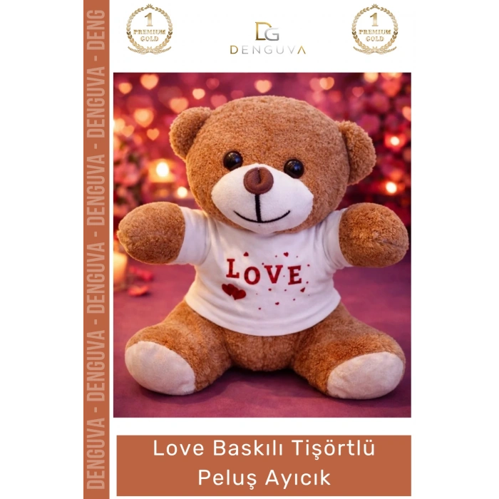 #Peluş 25 cm Love Baskılı Yumuşak Kaliteli Hediyelik Şık Sevimli Tişörtlü Kahverengi Peluş Ayıcık