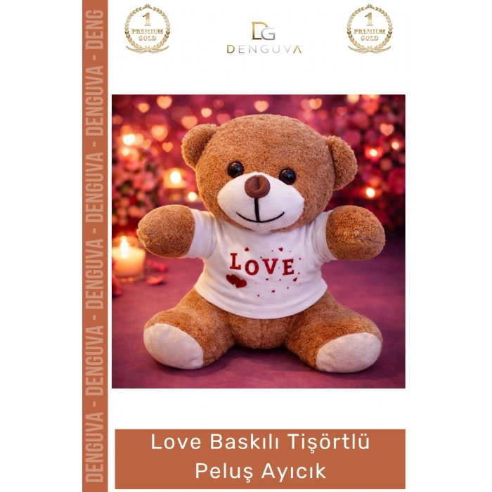 #Peluş 25 cm Love Baskılı Yumuşak Kaliteli Hediyelik Şık Sevimli Tişörtlü Kahverengi Peluş Ayıcık