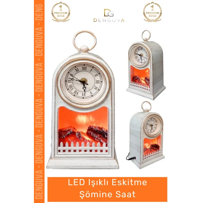#Saat Antik Dekoratif Nostaljik Fener Masaüstü Hareketli Alevli LED Işıklı Eskitme Şömine Saat