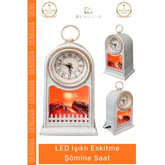 #Saat Antik Dekoratif Nostaljik Fener Masaüstü Hareketli Alevli LED Işıklı Eskitme Şömine Saat