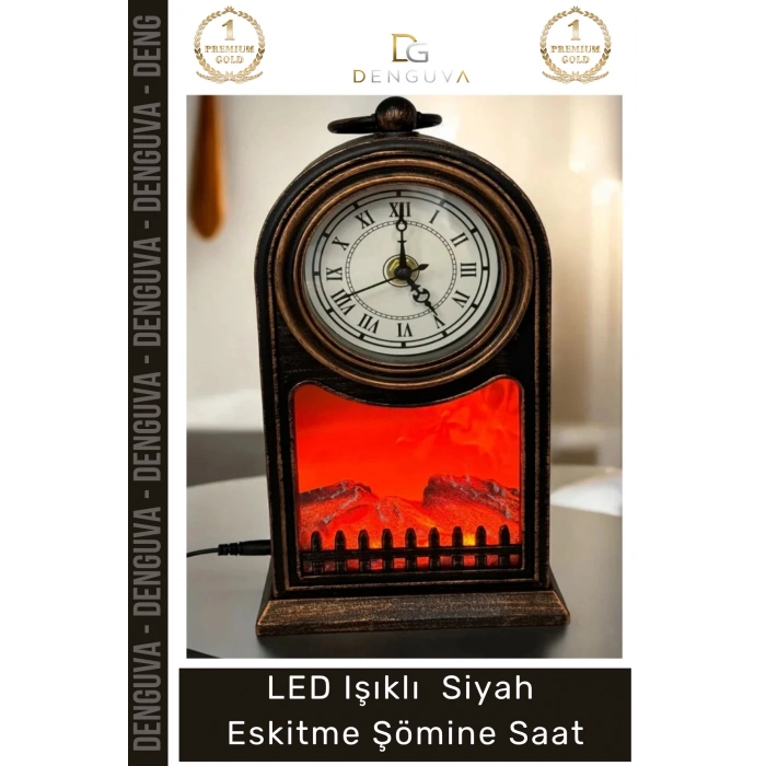 #Saat Vintage Dekoratif Alev Efektli Masa Saati Fener LED Işıklı Siyah Eskitme Şömine Saat