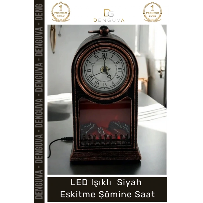 #Saat Vintage Dekoratif Alev Efektli Masa Saati Fener LED Işıklı Siyah Eskitme Şömine Saat