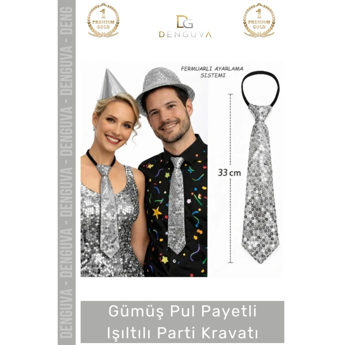 #PartiKravatı Gümüş Pul Payetli Sahne Kostüm Aksesuarı Şık Ayarlanabilir Işıltılı Parti Kravatı 33 cm