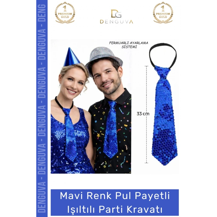 #PartiKravatı Mavi Renk Pul Payetli Fermuarlı Lastikli Sahne Kostüm Işıltılı Parti Kravatı 33 cm