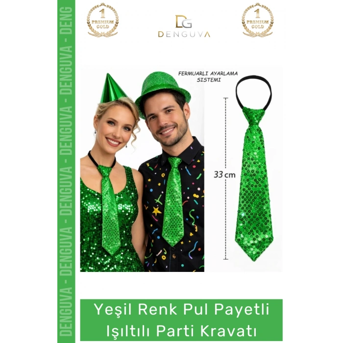 #PartiKravatı Yeşil Renk Pul Payetli Fermuarlı Lastikli Sahne Kostüm Işıltılı Parti Kravatı 33 cm