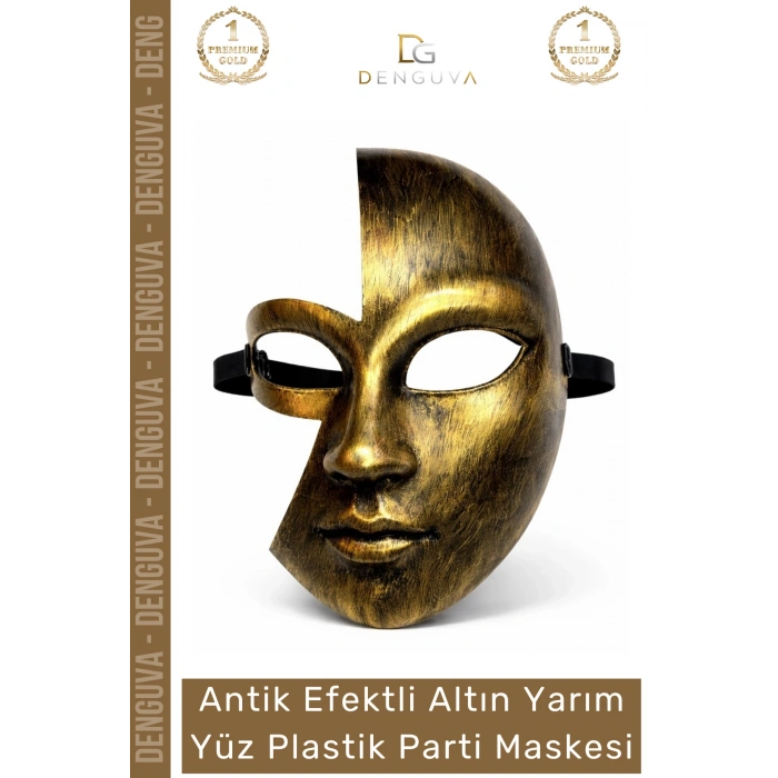 #PartiMaskesi Antik Efektli Altın Metalik Gold Eskitme Şık Balo Kostüm Yarım Yüz Plastik Parti Maskesi