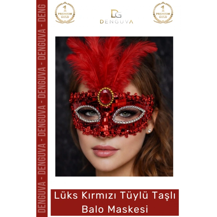 #BaloMaskesi Lüks Kırmızı Payetli Pul Detaylı Kostüm Partisi Aksesuarı Kadın Tüylü Taşlı Balo Maskesi