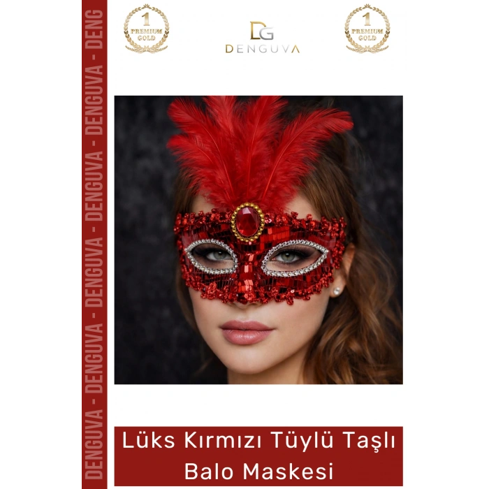 #BaloMaskesi Lüks Kırmızı Payetli Pul Detaylı Kostüm Partisi Aksesuarı Kadın Tüylü Taşlı Balo Maskesi
