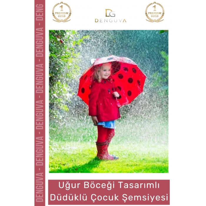 #Şemsiye Kırmızı Uğur Böceği 3D Kulaklı Dayanıklı Güvenli Su Geçirmez Tasarımlı Düdüklü Çocuk Şemsiyesi