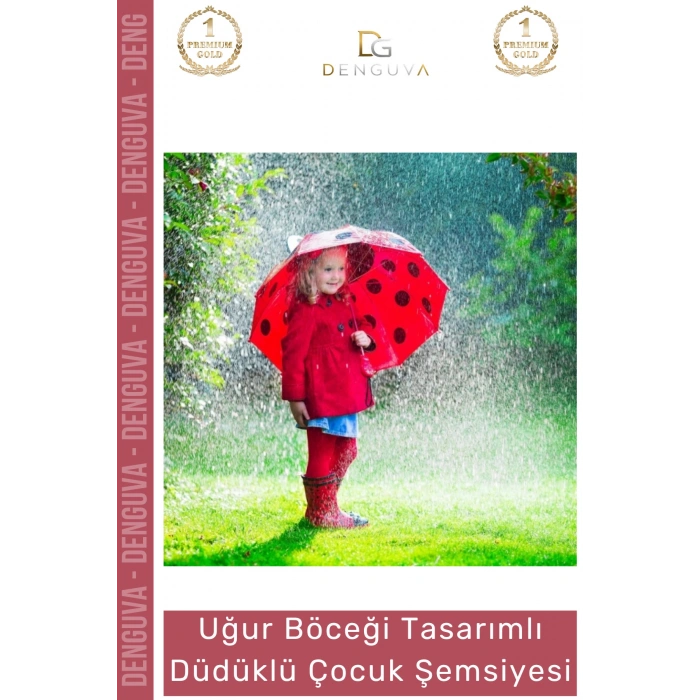 #Şemsiye Kırmızı Uğur Böceği 3D Kulaklı Dayanıklı Güvenli Su Geçirmez Tasarımlı Düdüklü Çocuk Şemsiyesi