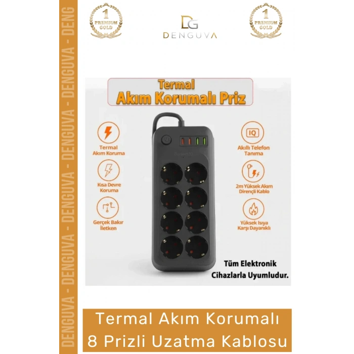 #Priz USB Portlu IQ Akıllı Şarj Termal Koruma 2 Metre Bakır Kablo Şık Korumalı 8 Prizli Uzatma