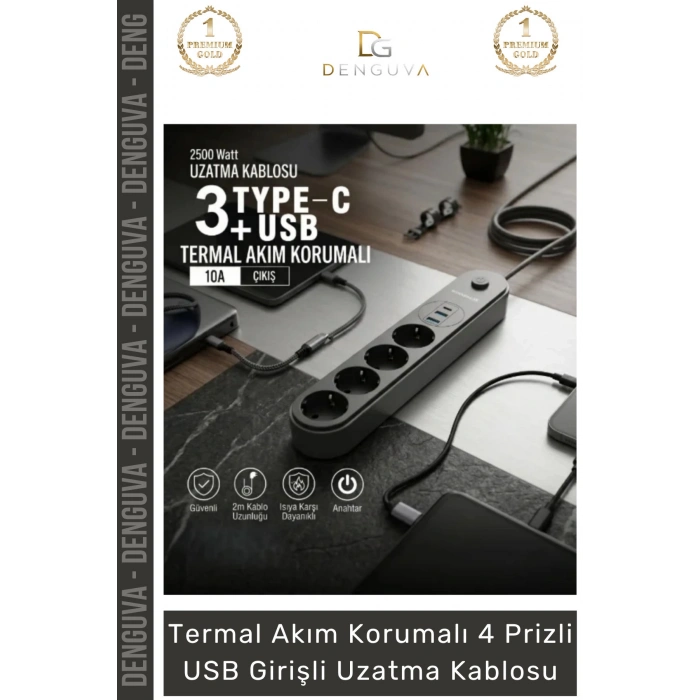 #UzatmaKablo Akım Korumalı TypeC Enerji İstasyonu Priz Hızlı Şarj Kablolu USB Girişli Uzatma Kablosu