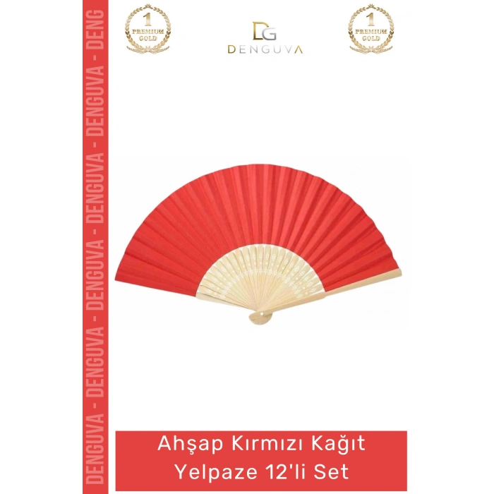 #Yelpaze Düğün Nişan Nikah Kına Gecesi Hediyelik Parti Dekor Ahşap Kırmızı Kağıt Yelpaze 12li Set