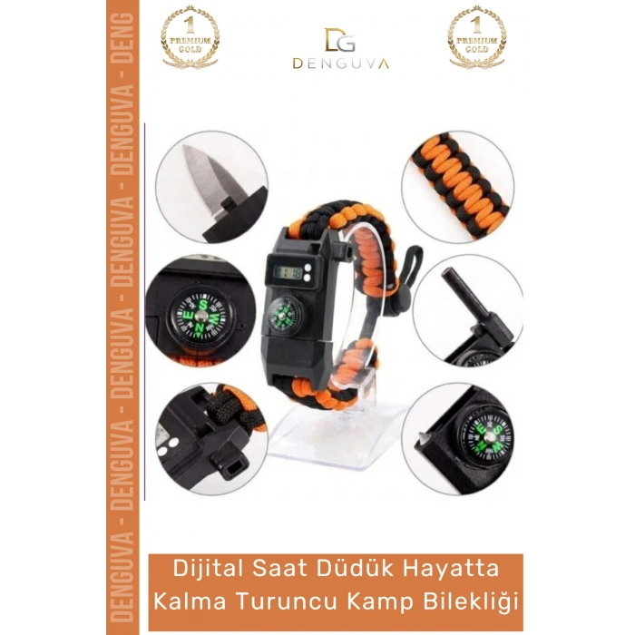 #Bileklik Paracord Dijital Saatli SOS LED Pusula Magnezyum Hayatta Kalma Turuncu Kamp Bilekliği