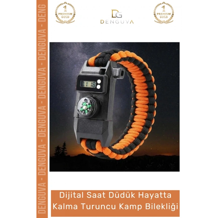 #Bileklik Paracord Dijital Saatli SOS LED Pusula Magnezyum Hayatta Kalma Turuncu Kamp Bilekliği