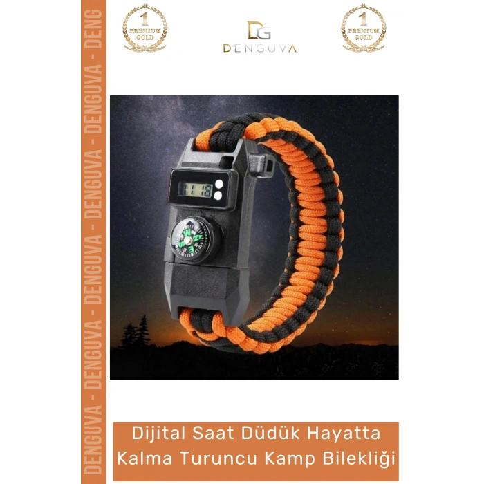 #Bileklik Paracord Dijital Saatli SOS LED Pusula Magnezyum Hayatta Kalma Turuncu Kamp Bilekliği