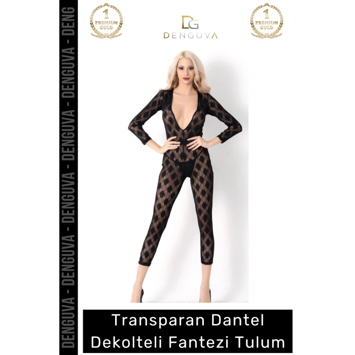 #FanteziTulum Transparan Dantel Detaylı Şık Uzun Kollu Seksi Feminen Dekolteli Siyah Fantezi Tulum