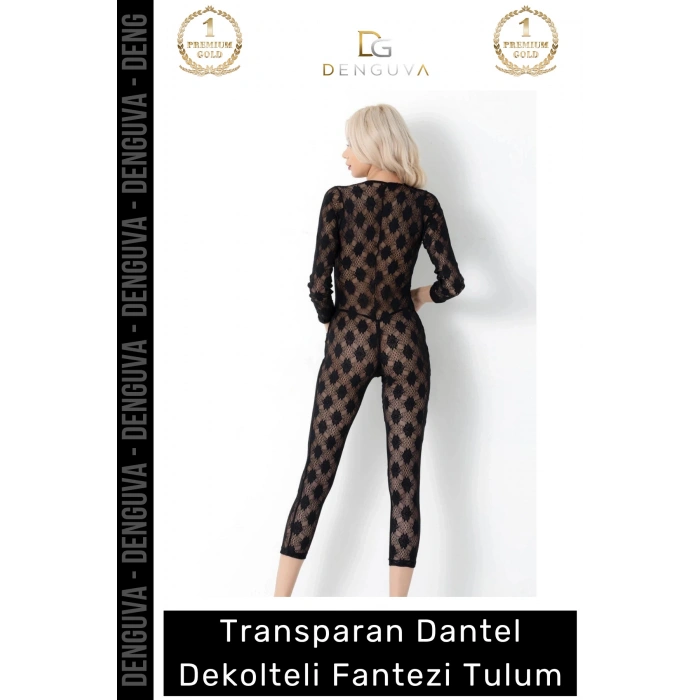 #FanteziTulum Transparan Dantel Detaylı Şık Uzun Kollu Seksi Feminen Dekolteli Siyah Fantezi Tulum