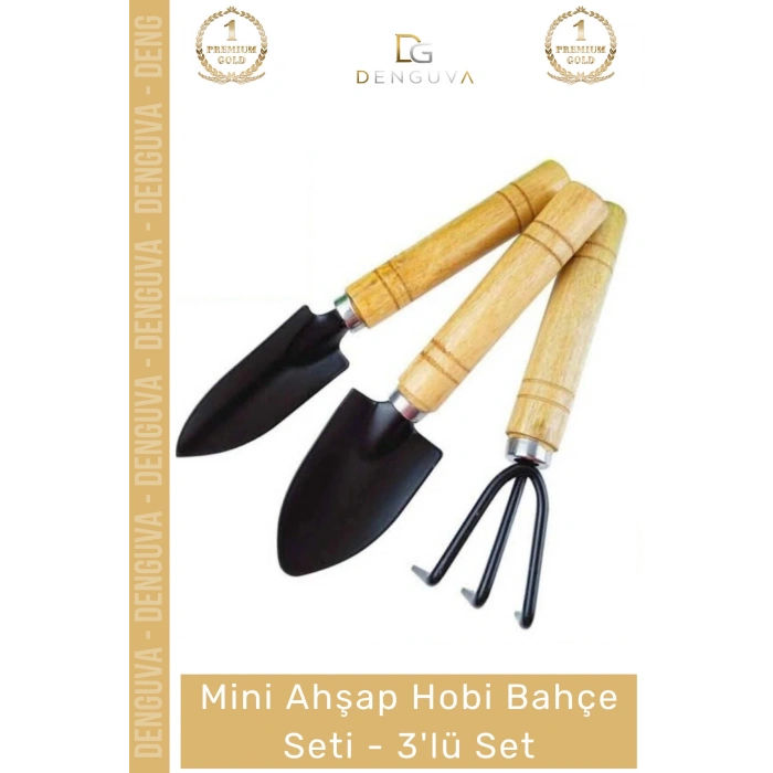 HobiSeti Mini Ahşap Saplı Paslanmaz Çelik El Aletleri Tırmık Kürek Takımı Hobi Bahçe Seti 3 Adet